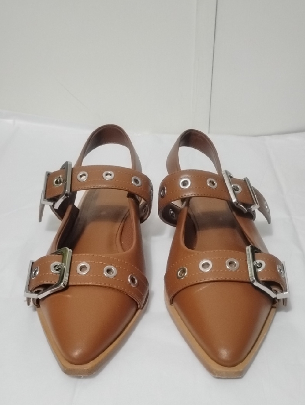 Quince Tan Pointed Toe Buckle Flats